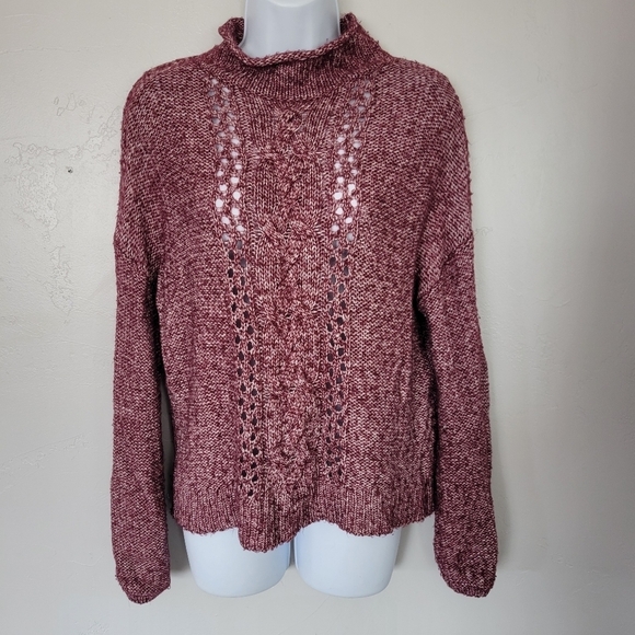 Caslon Norstrom Small Burgundy Loose Open Knit Mockneck Sweater Lightweight Top - Picture 1 of 9
